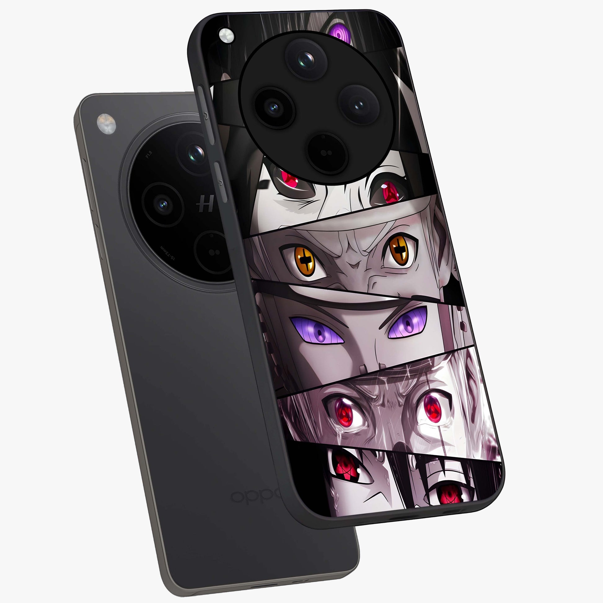 Eyes of Destiny Glass Case displayed in angled mockup highlighting bold eye illustration with mystical aesthetic style.