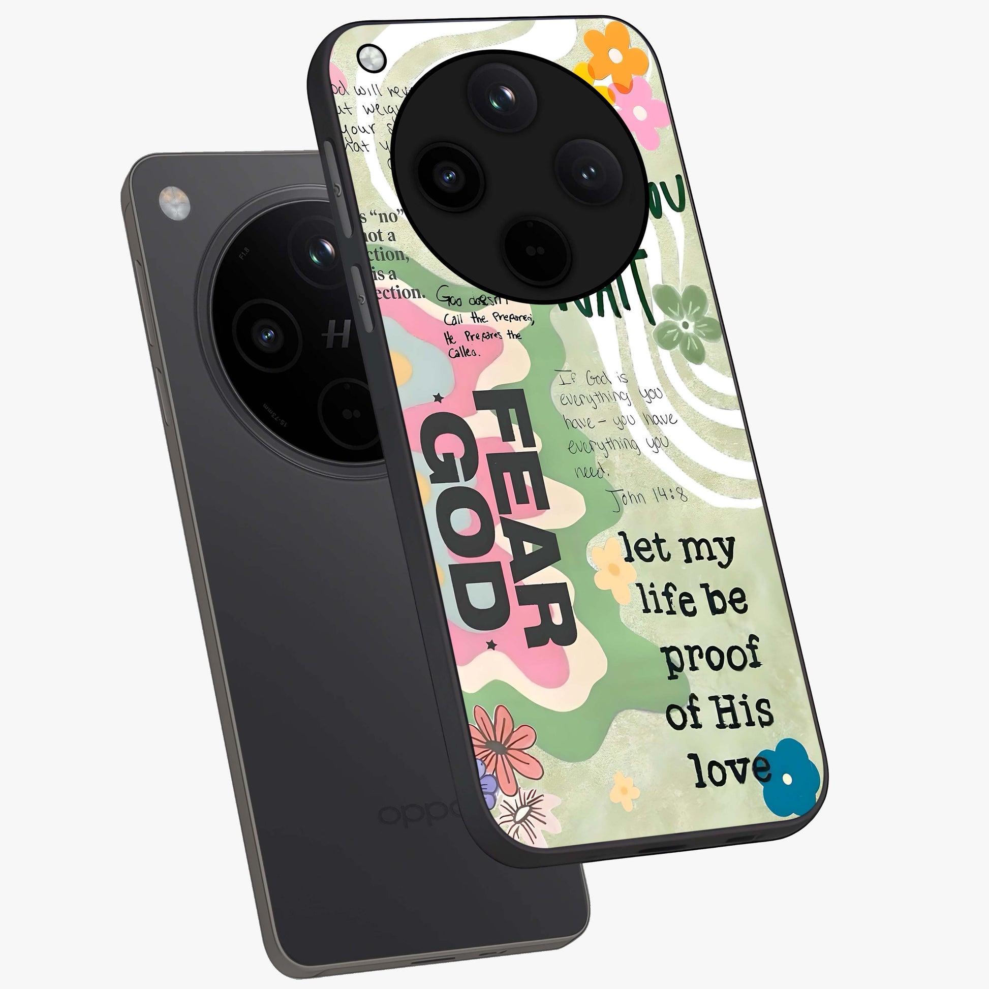 Faith Over Fear Glass Case displayed in angled mockup highlighting inspirational message design with modern aesthetic style.