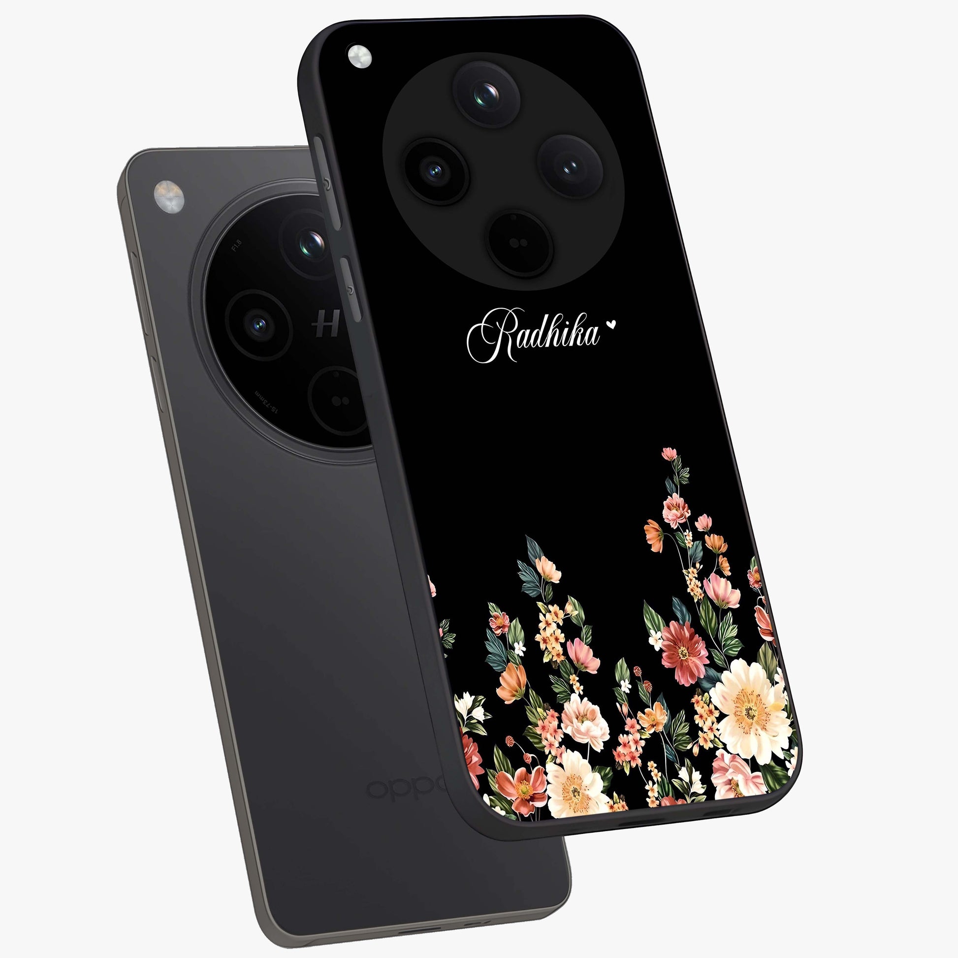 Floral Design With a Custom Personalized Name Glass Case displayed in angled mockup highlighting elegant floral pattern with custom name feature.