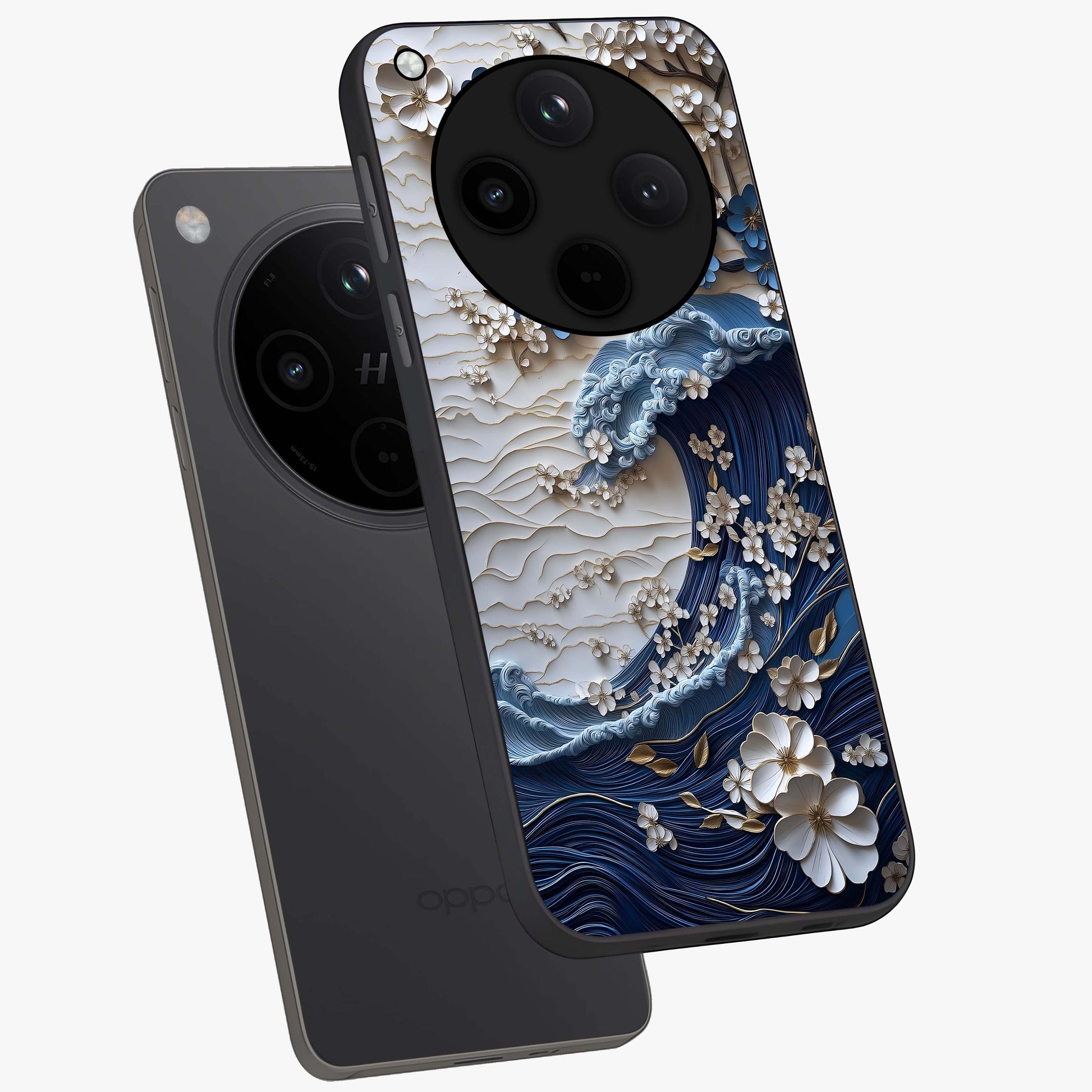 Floral Wave Origami Glass Case displayed in angled mockup highlighting geometric origami flower design with modern aesthetic style.