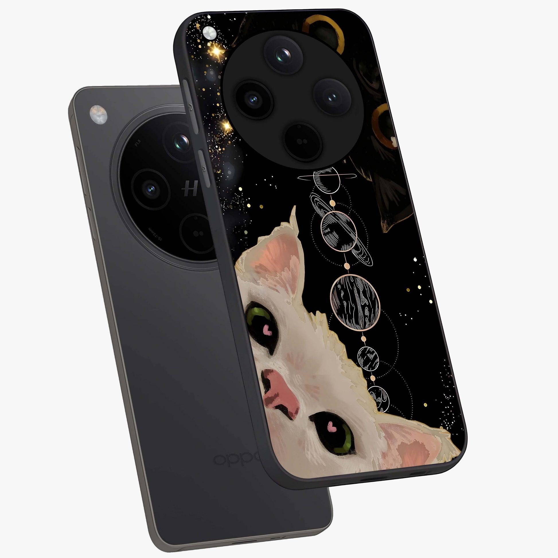 Galactic Cat Glass Case displayed in angled mockup highlighting celestial feline illustration with galaxy aesthetic style.