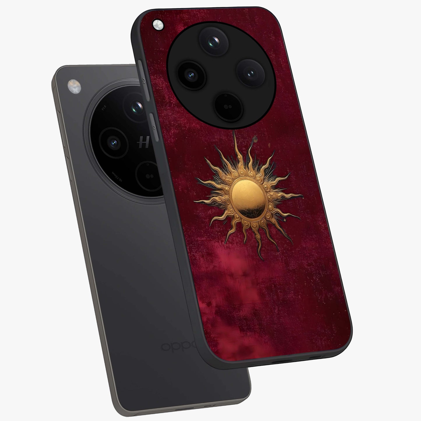 Golden Sun Minimalism Glass Case displayed in angled mockup highlighting clean sun symbol design with modern minimal aesthetic.