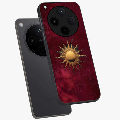 Golden Sun Minimalism Glass Case displayed in angled mockup highlighting clean sun symbol design with modern minimal aesthetic.