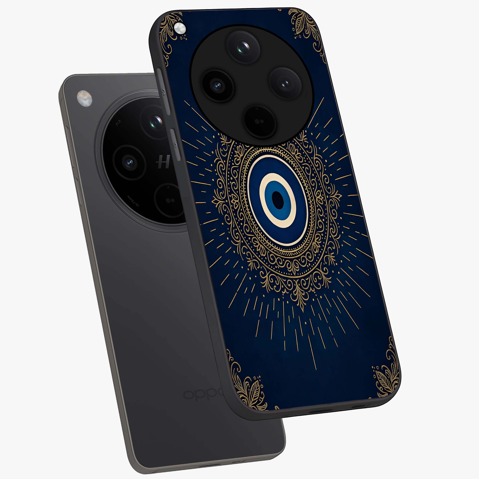 Golden Celestial Charm Glass Case displayed in angled mockup highlighting sparkling cosmic charm design with celestial aesthetic.