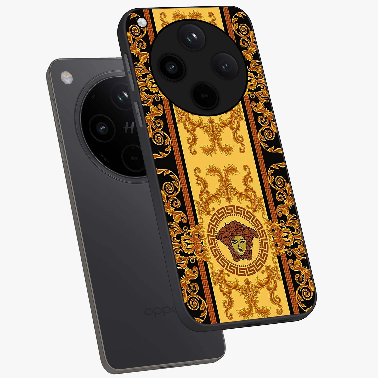 Golden Lotus Glow Glass Case displayed in angled mockup highlighting radiant lotus illustration with spiritual aesthetic.