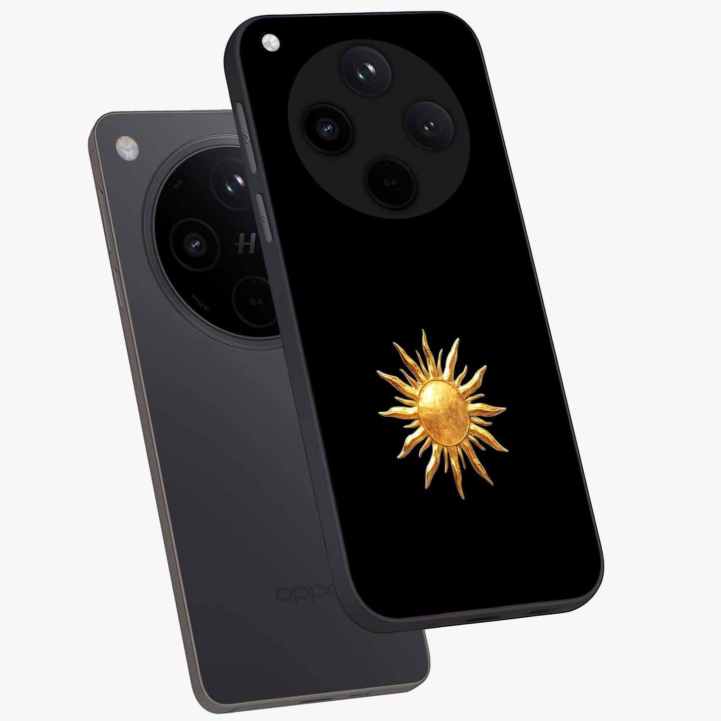 Golden Sun Minimalism Glass Case displayed in angled mockup highlighting eerie shadow illustration with gothic aesthetic.
