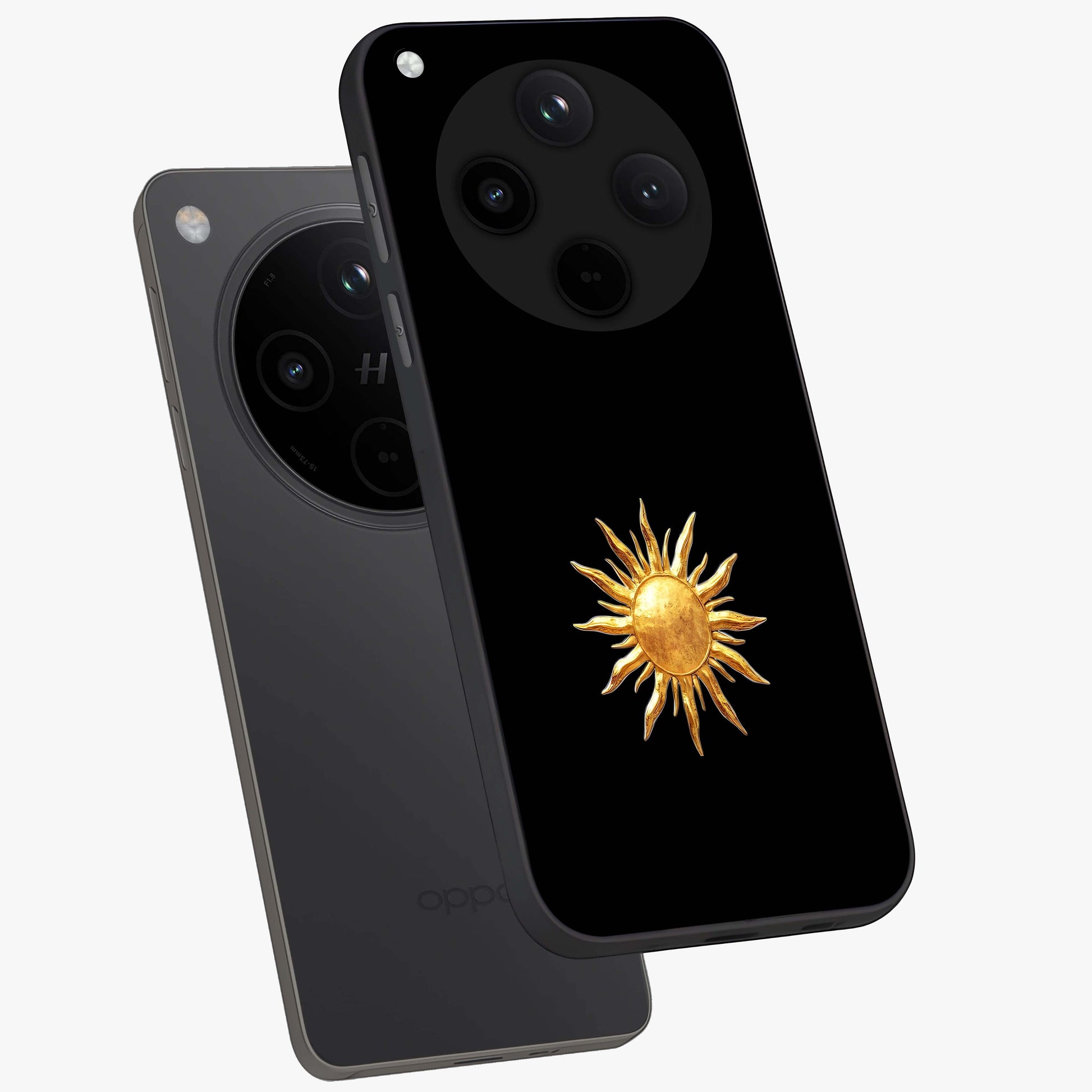 Golden Sun Minimalism Glass Case displayed in angled mockup highlighting eerie shadow illustration with gothic aesthetic.