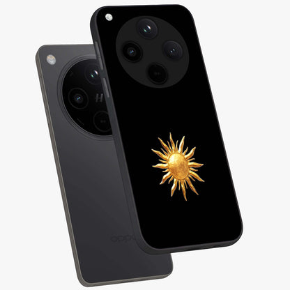 Golden Sun Minimalism Glass Case displayed in angled mockup highlighting eerie shadow illustration with gothic aesthetic.