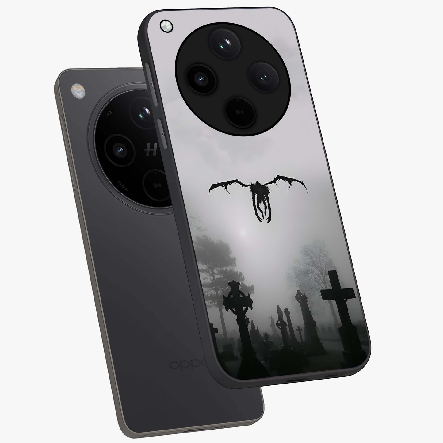 Graveyard Shadow Descent Glass Case displayed in angled mockup highlighting eerie shadow illustration with gothic aesthetic.