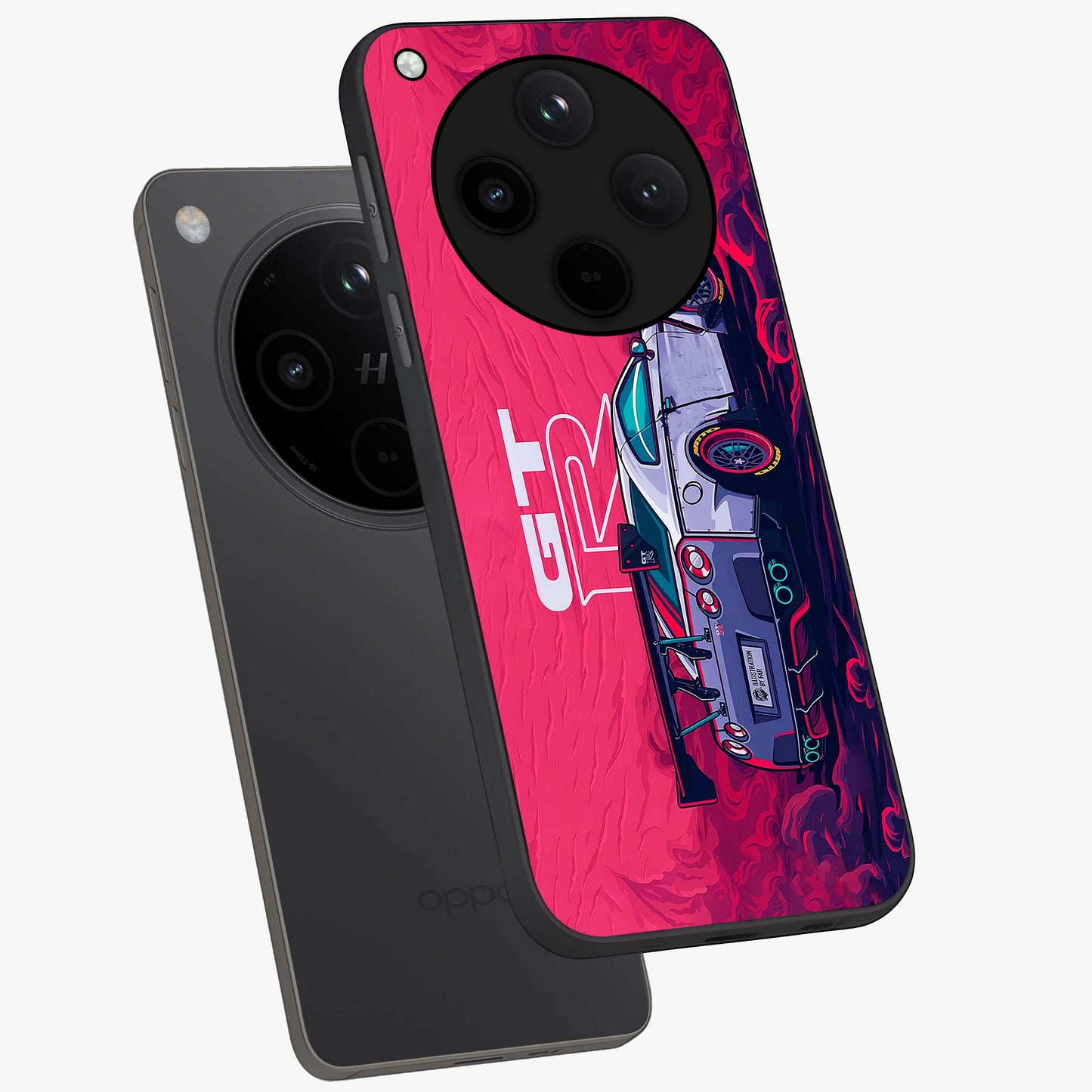 GT-R Car Pattern Glass Case displayed in angled mockup highlighting racing car graphic design with bold automotive aesthetic.