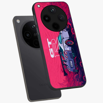 GT-R Car Pattern Glass Case displayed in angled mockup highlighting racing car graphic design with bold automotive aesthetic.