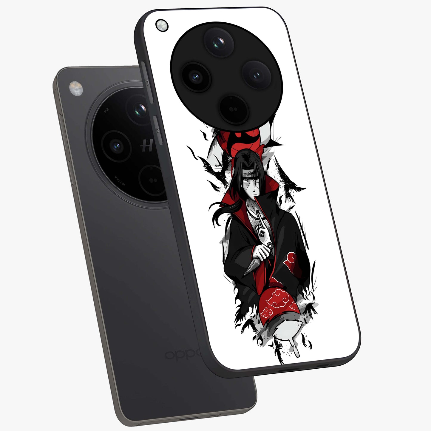 Itachi Limited Edition Naruto Anime Glass Case displayed in angled mockup highlighting dramatic anime illustration with bold action aesthetic.