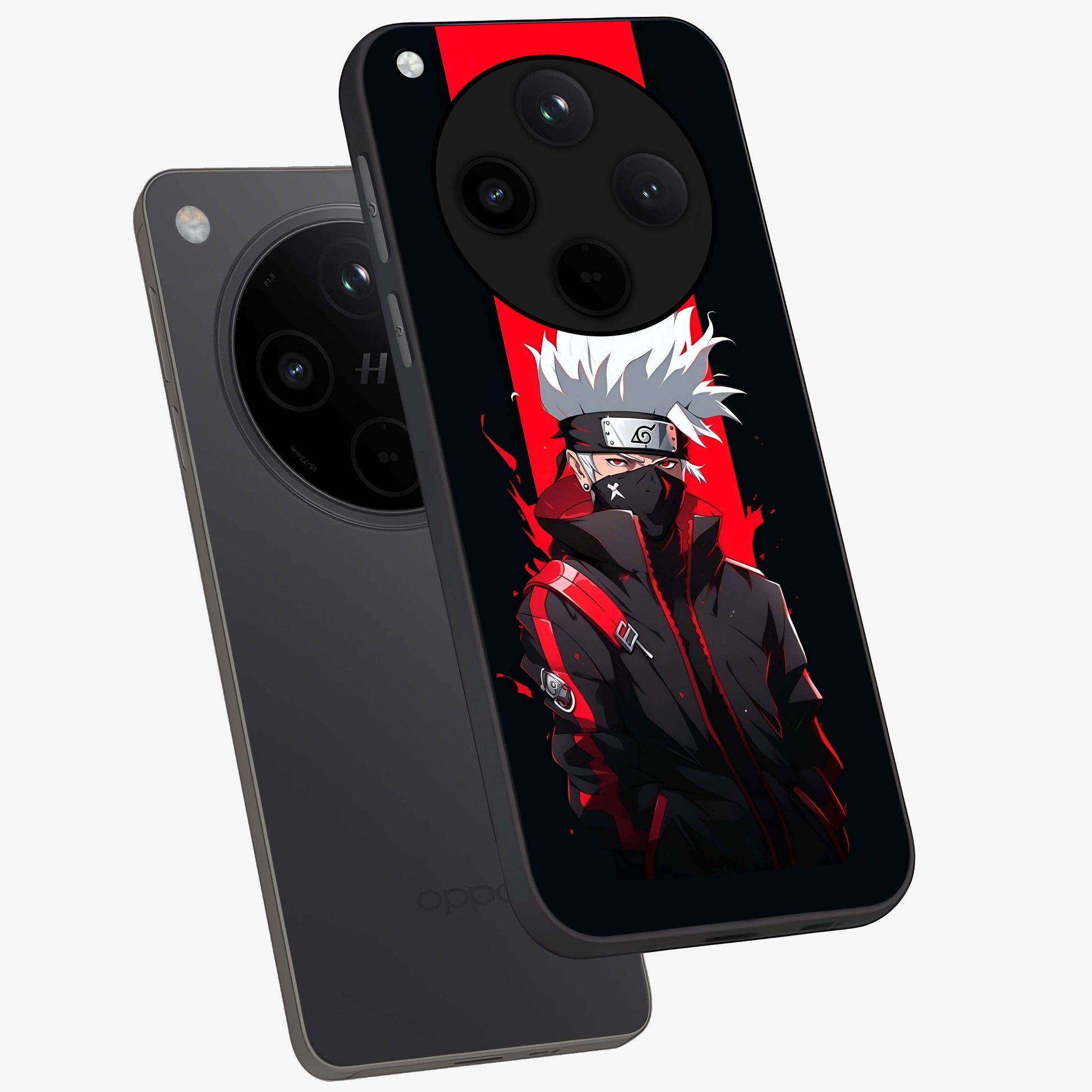 Kakashi Scarlet Shadow Glass Case displayed in angled mockup highlighting dramatic ninja illustration with scarlet themed aesthetic.
