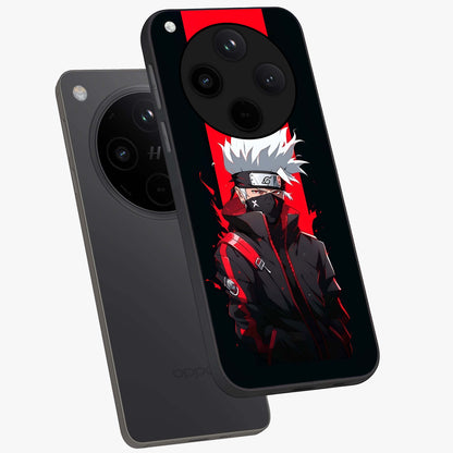 Kakashi Scarlet Shadow Glass Case displayed in angled mockup highlighting dramatic ninja illustration with scarlet themed aesthetic.