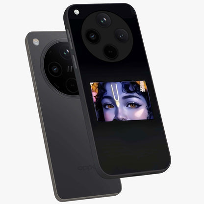 Krishna Divine Embrace Glass Case displayed in angled mockup highlighting divine Krishna illustration with spiritual aesthetic.