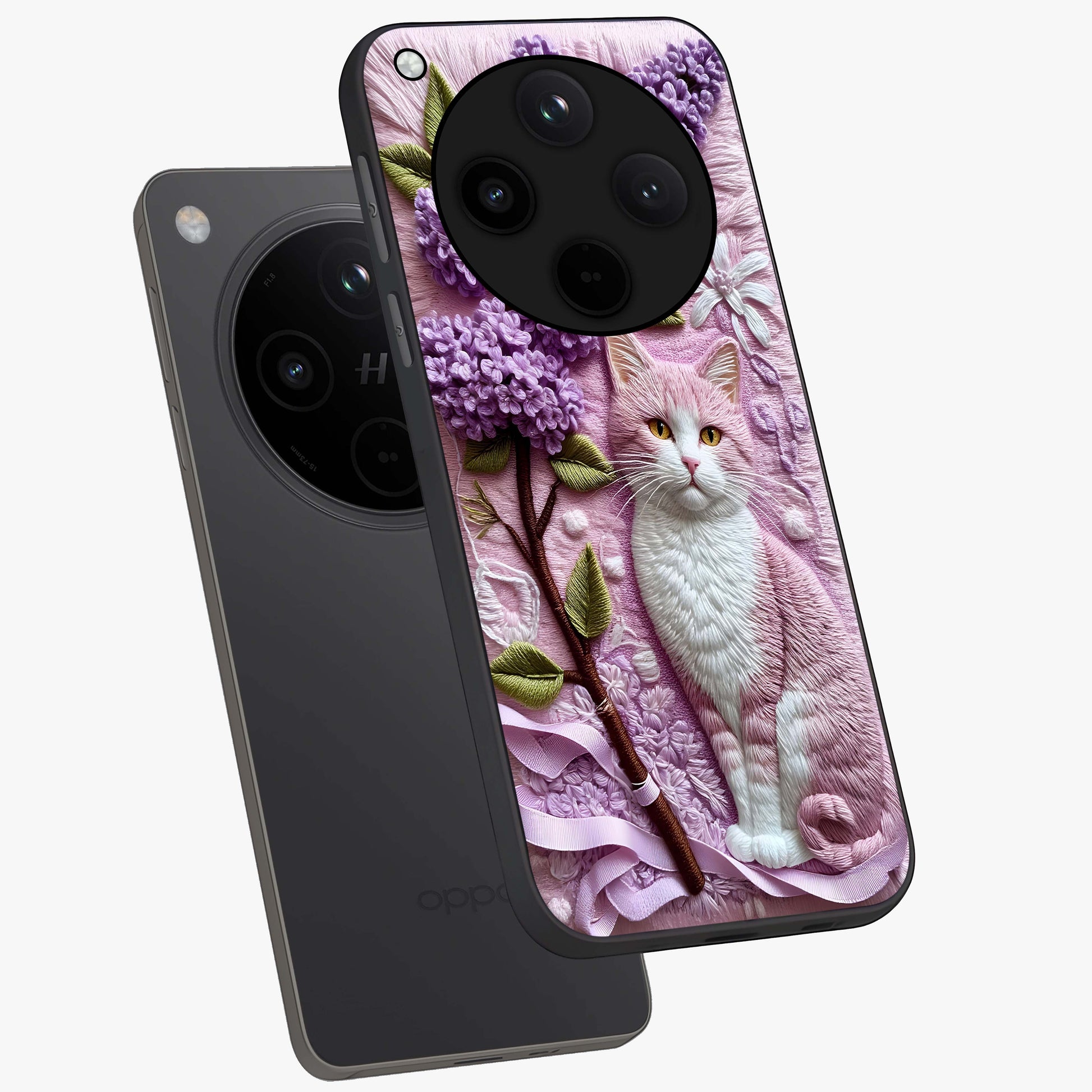 Lavender Cat Whimsy Glass Case displayed in angled mockup highlighting playful feline illustration with pastel lavender aesthetic.