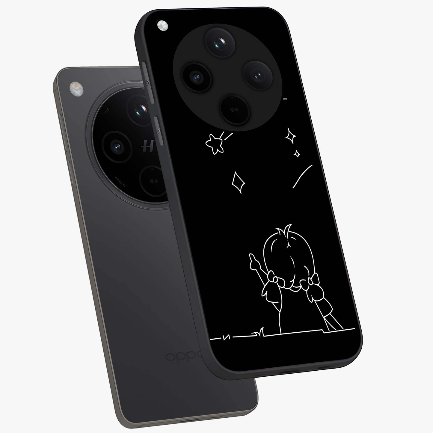 Line Art Girl With Shooting Stars Glass Case displayed in angled mockup highlighting elegant line art design with dreamy star aesthetic.