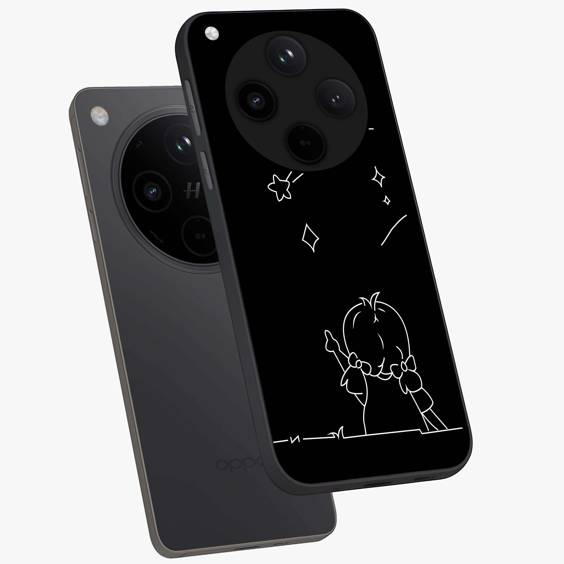 Line Art Girl With Shooting Stars Glass Case displayed in angled mockup highlighting elegant line art design with dreamy star aesthetic.