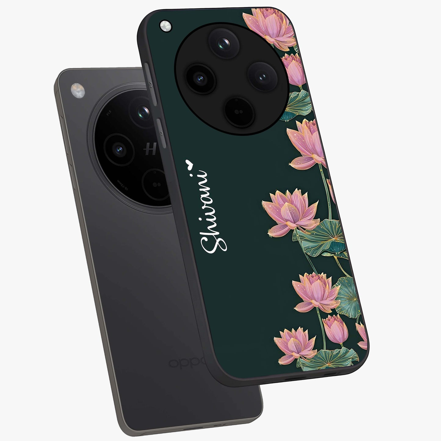 Lotus Bloom Serenity Custom Name Glass Case displayed in angled mockup highlighting graceful lotus illustration with custom name feature.
