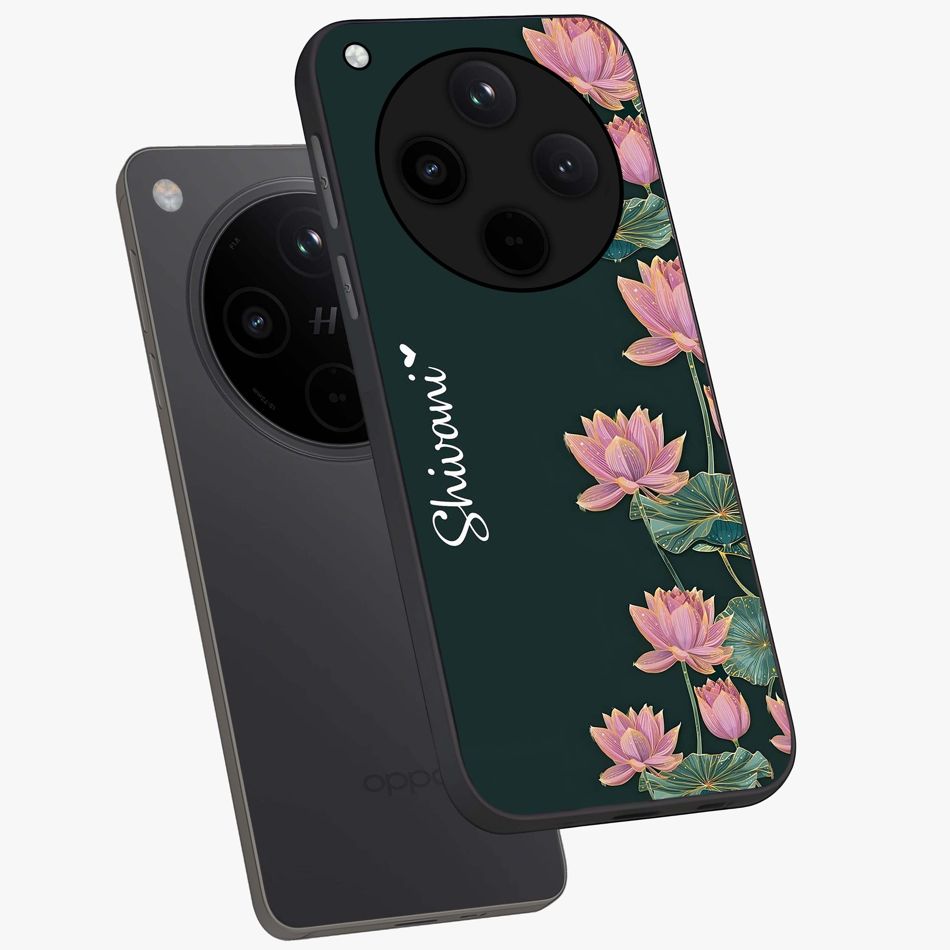 Lotus Bloom Serenity Custom Name Glass Case displayed in angled mockup highlighting graceful lotus illustration with custom name feature.