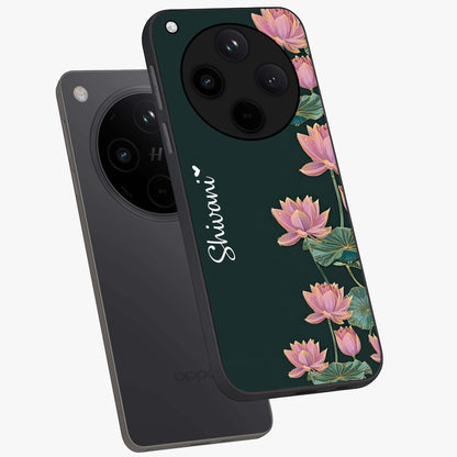 Lotus Bloom Serenity Custom Name Glass Case displayed in angled mockup highlighting graceful lotus illustration with custom name feature.