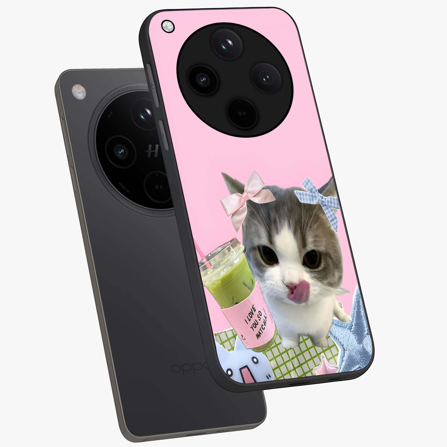 Love Matcha Cat Glass Case displayed in angled mockup highlighting playful feline illustration with cozy matcha aesthetic.