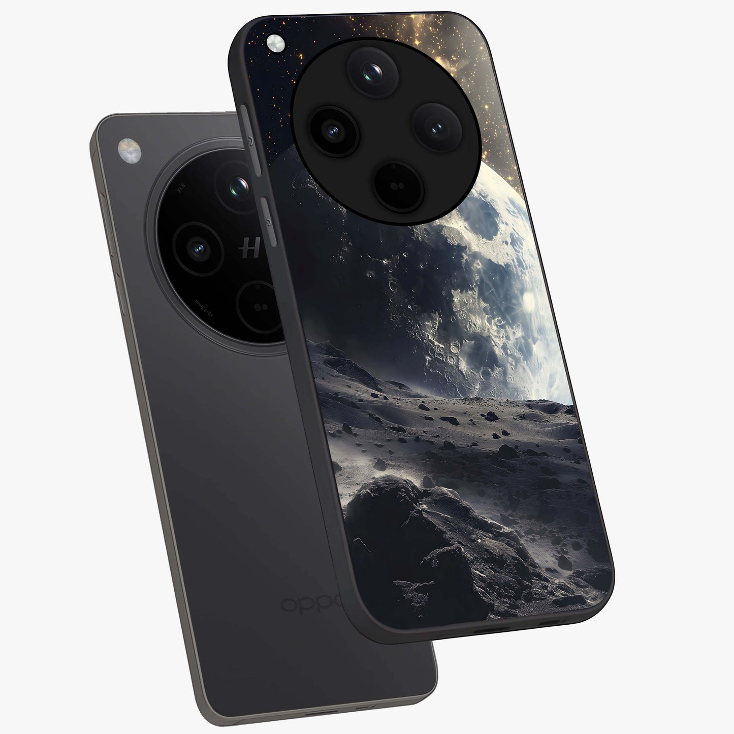 Lunar Horizon Glow Glass Case displayed in angled mockup highlighting celestial moon design with dreamy night aesthetic.
