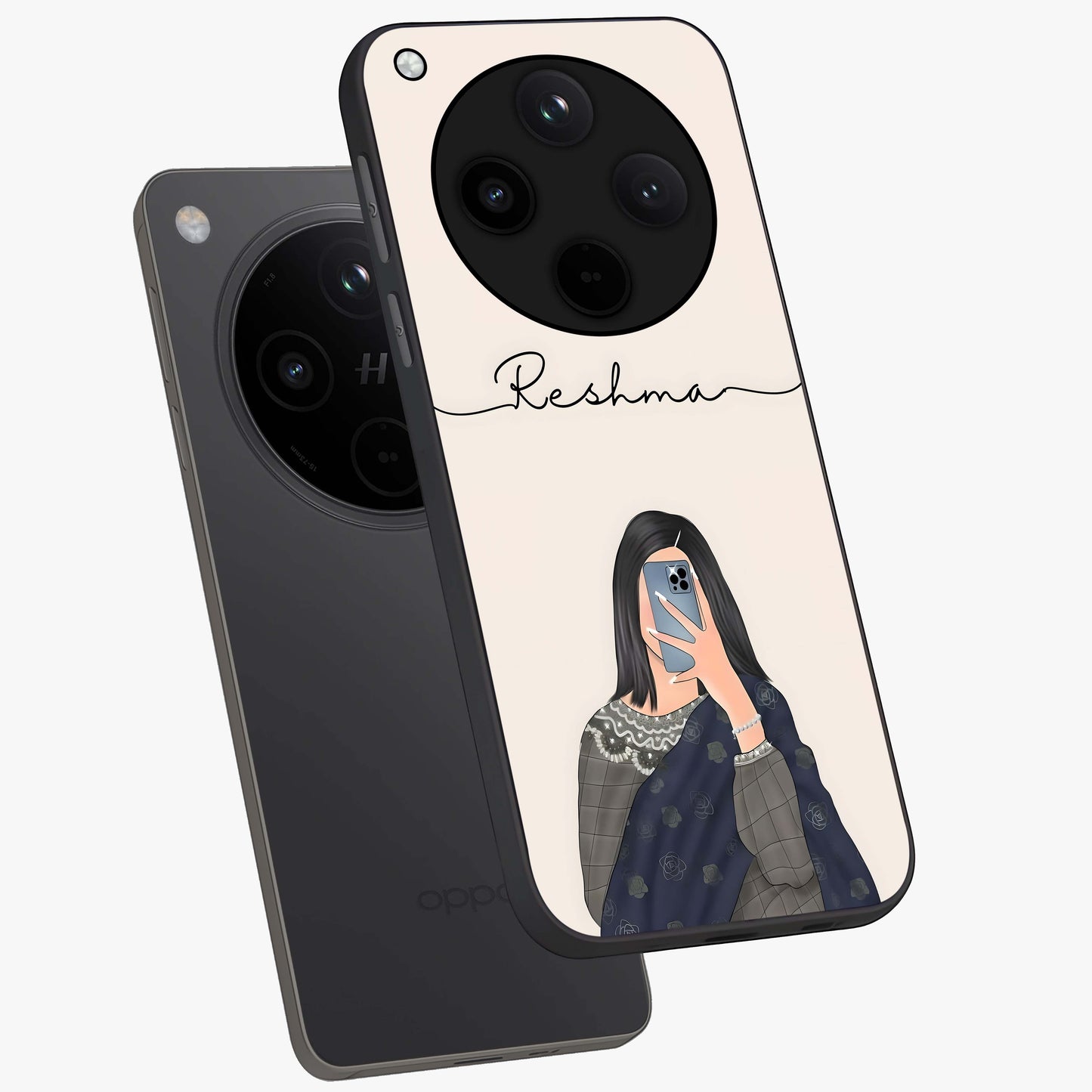 Mirror Mood Muse With Custom Name Glass Case displayed in angled mockup highlighting aesthetic mirror inspired design with custom name feature.