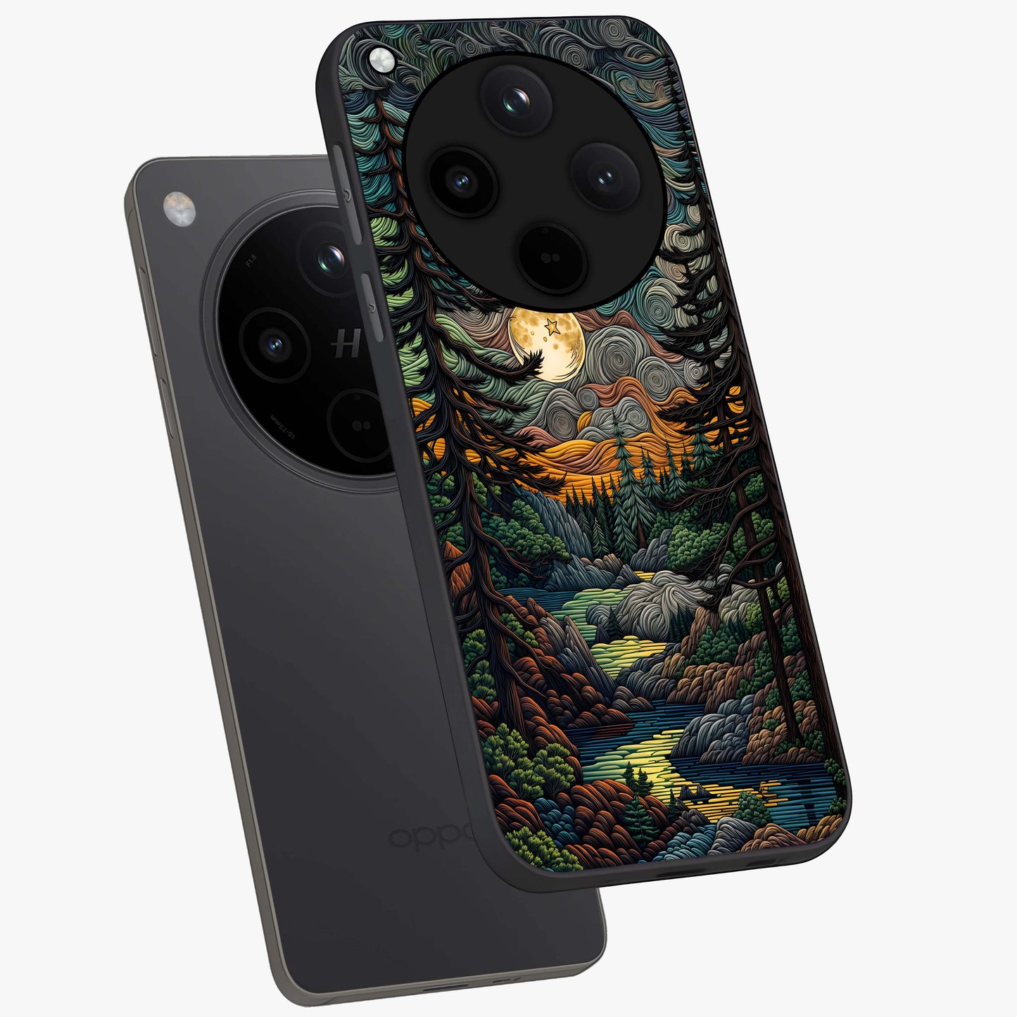 Moonlight Forest Dream Glass Case displayed in angled mockup highlighting dreamy forest design with glowing moon aesthetic.