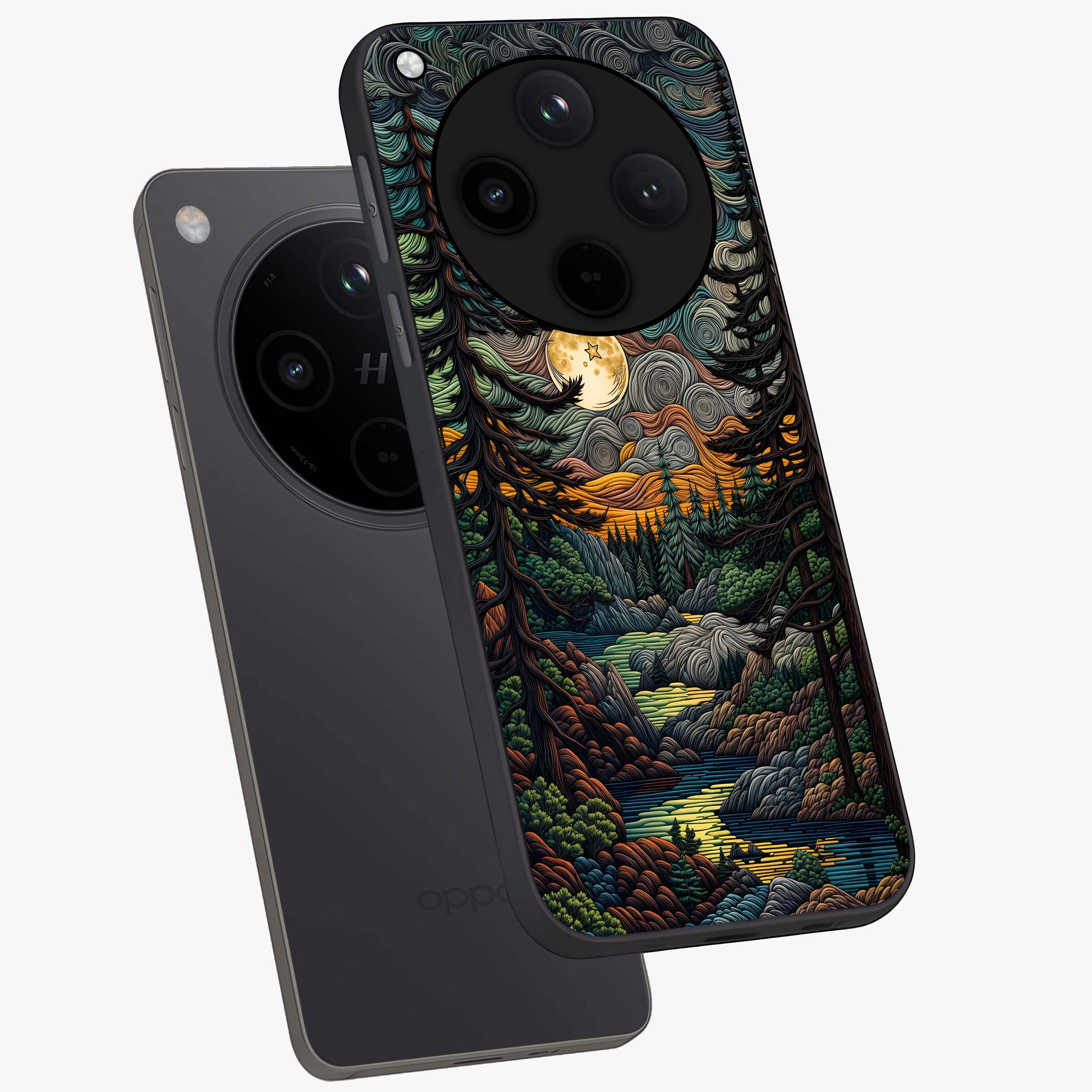 Moonlight Forest Dream Glass Case displayed in angled mockup highlighting dreamy forest design with glowing moon aesthetic.
