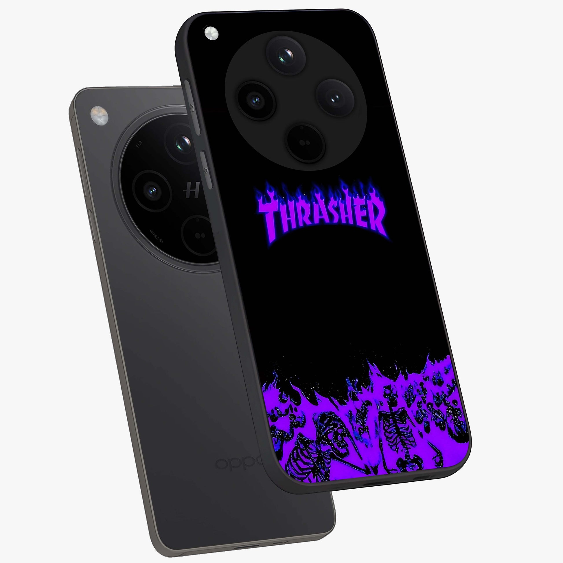 Neon Flame Riot Glass Case displayed in angled mockup highlighting glowing flame design with vibrant neon aesthetic.