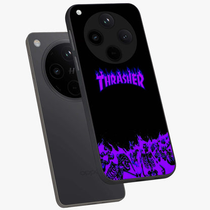 Neon Flame Riot Glass Case displayed in angled mockup highlighting glowing flame design with vibrant neon aesthetic.