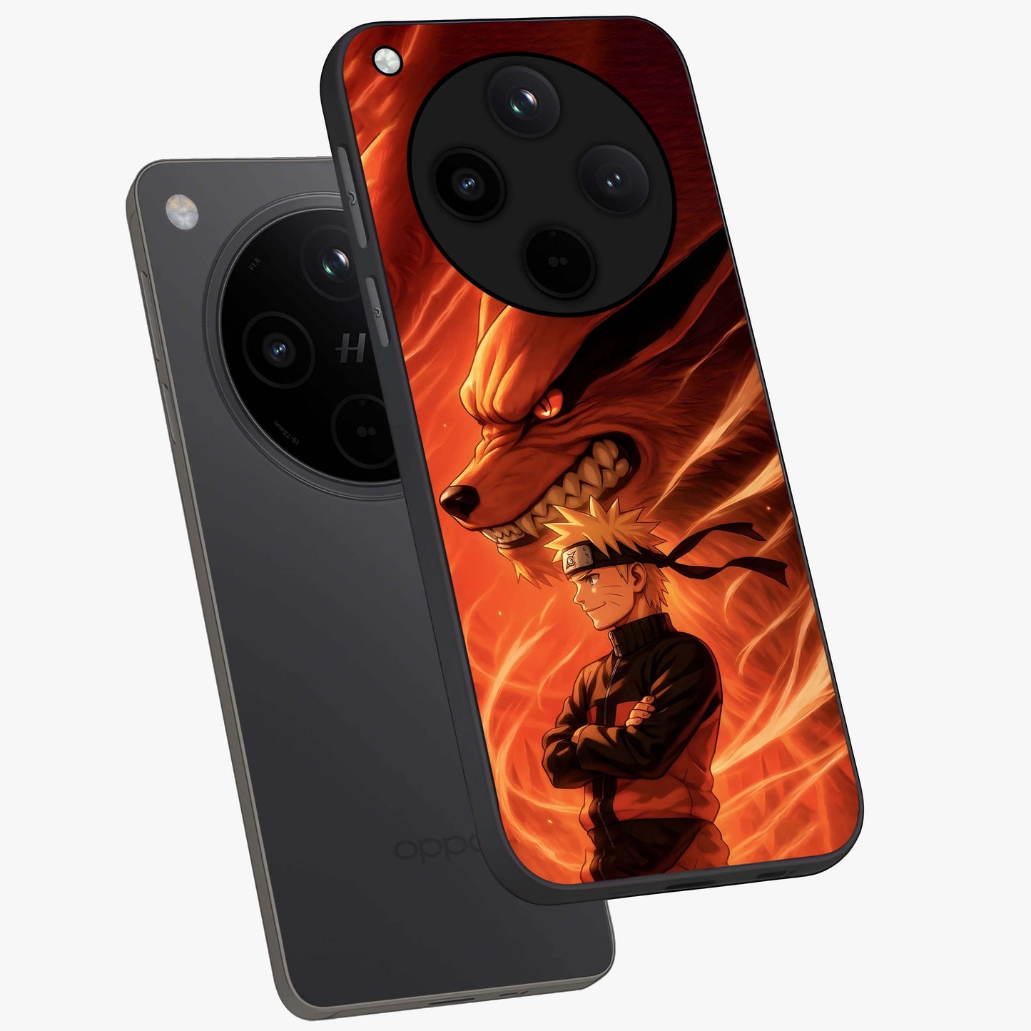 Nine Tails Legacy Glass Case displayed in angled mockup highlighting dynamic anime beast illustration with bold mystical aesthetic.