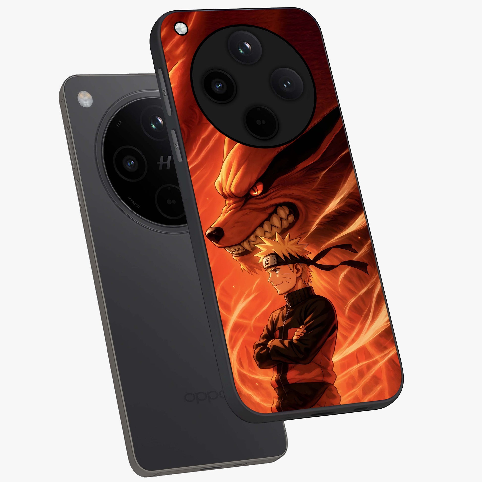 Nine Tails Legacy Glass Case displayed in angled mockup highlighting dynamic anime beast illustration with bold mystical aesthetic.