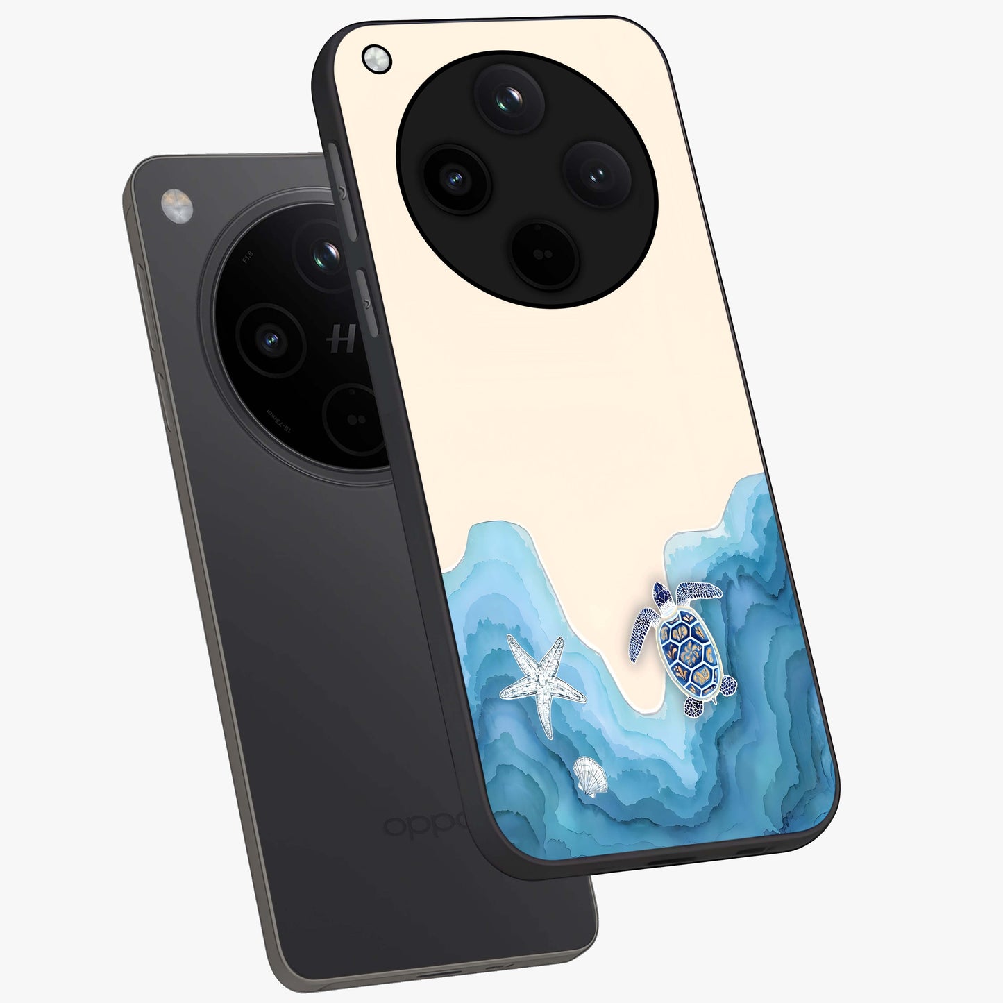 Ocean Drift Turtle Glass Case displayed in angled mockup highlighting peaceful ocean turtle illustration with marine aesthetic.
