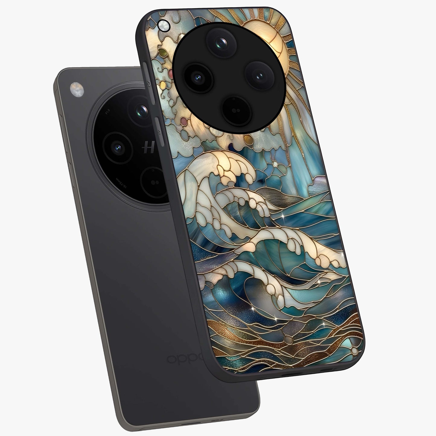 Oceanic Stained Printed Glass Case displayed in angled mockup highlighting colorful aquatic design with artistic aesthetic style.