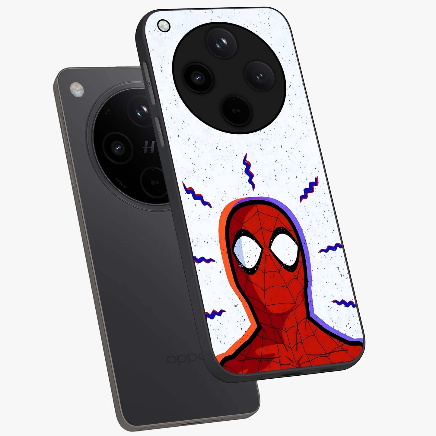 Omg Spiderman Glass Case displayed in angled mockup highlighting dynamic hero illustration with action comic aesthetic.