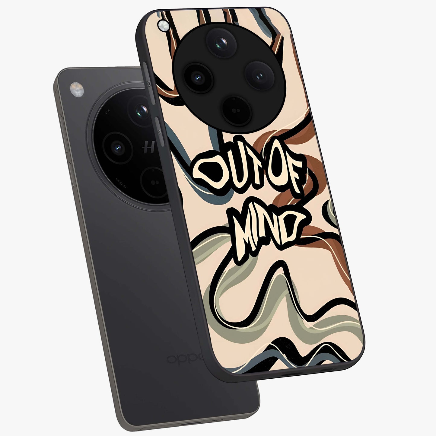 Out Of Mind Glass Case displayed in angled mockup highlighting bold statement design with modern artistic aesthetic.