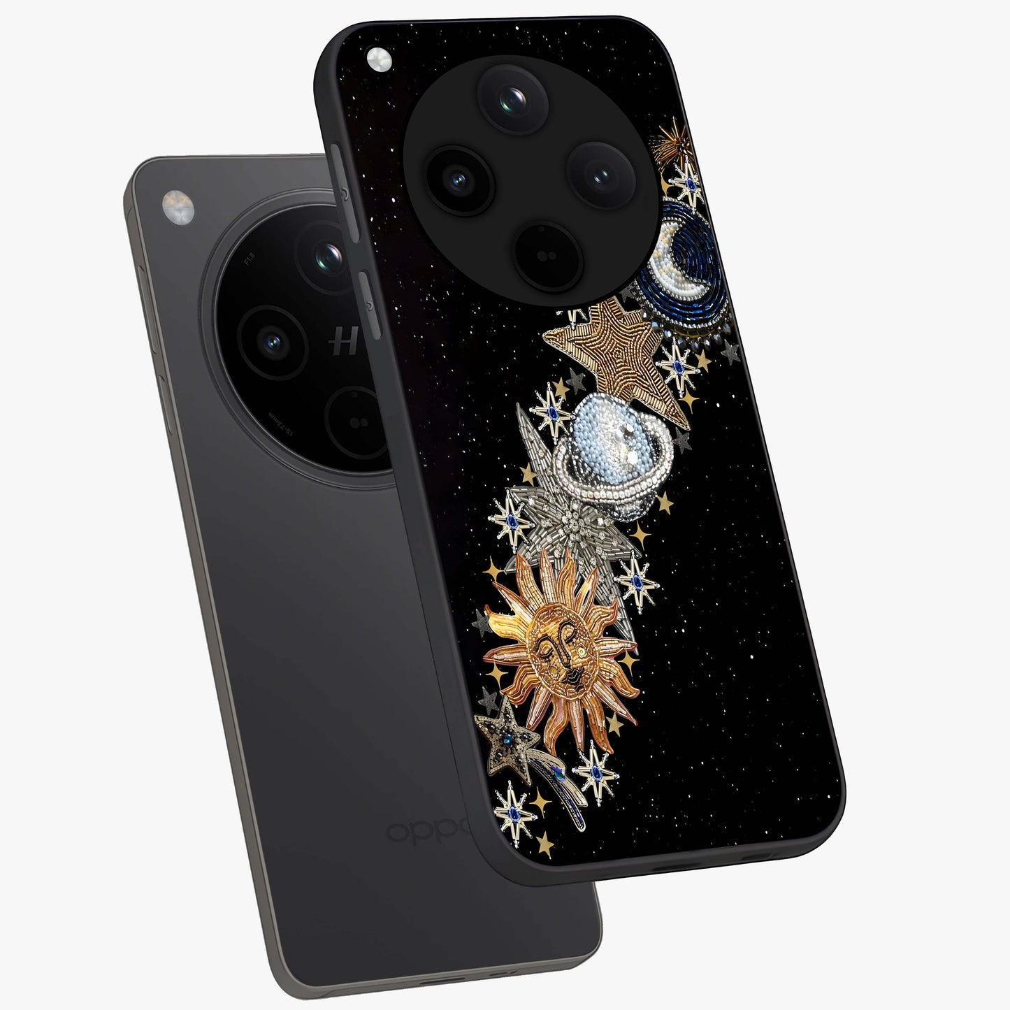 Pearls Universe Object Glass Case displayed in angled mockup highlighting celestial pearl design with dreamy aesthetic.