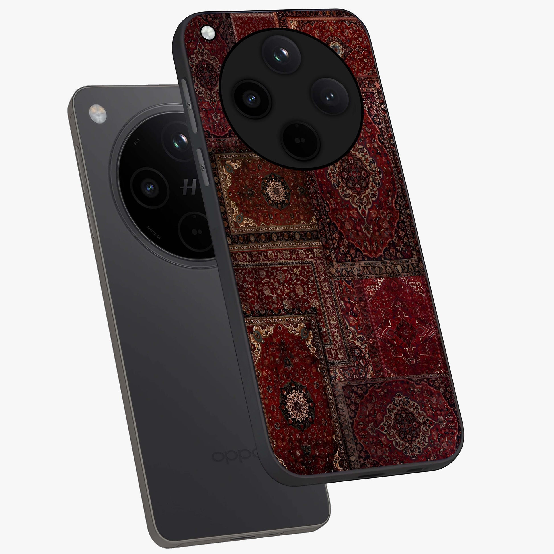 Persian Velvet Tale Glass Case displayed in angled mockup highlighting ornate textile inspired design with royal aesthetic.