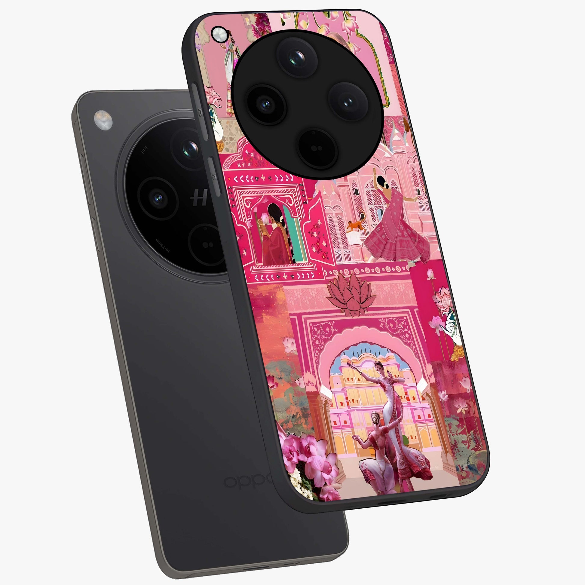 Pink Palace Muse Glass Case displayed in angled mockup highlighting dreamy palace illustration with soft pink aesthetic.
