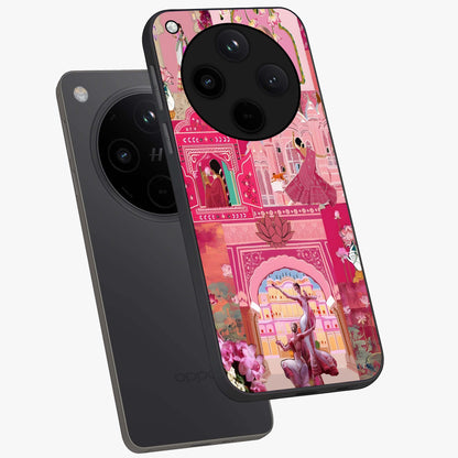 Pink Palace Muse Glass Case displayed in angled mockup highlighting dreamy palace illustration with soft pink aesthetic.