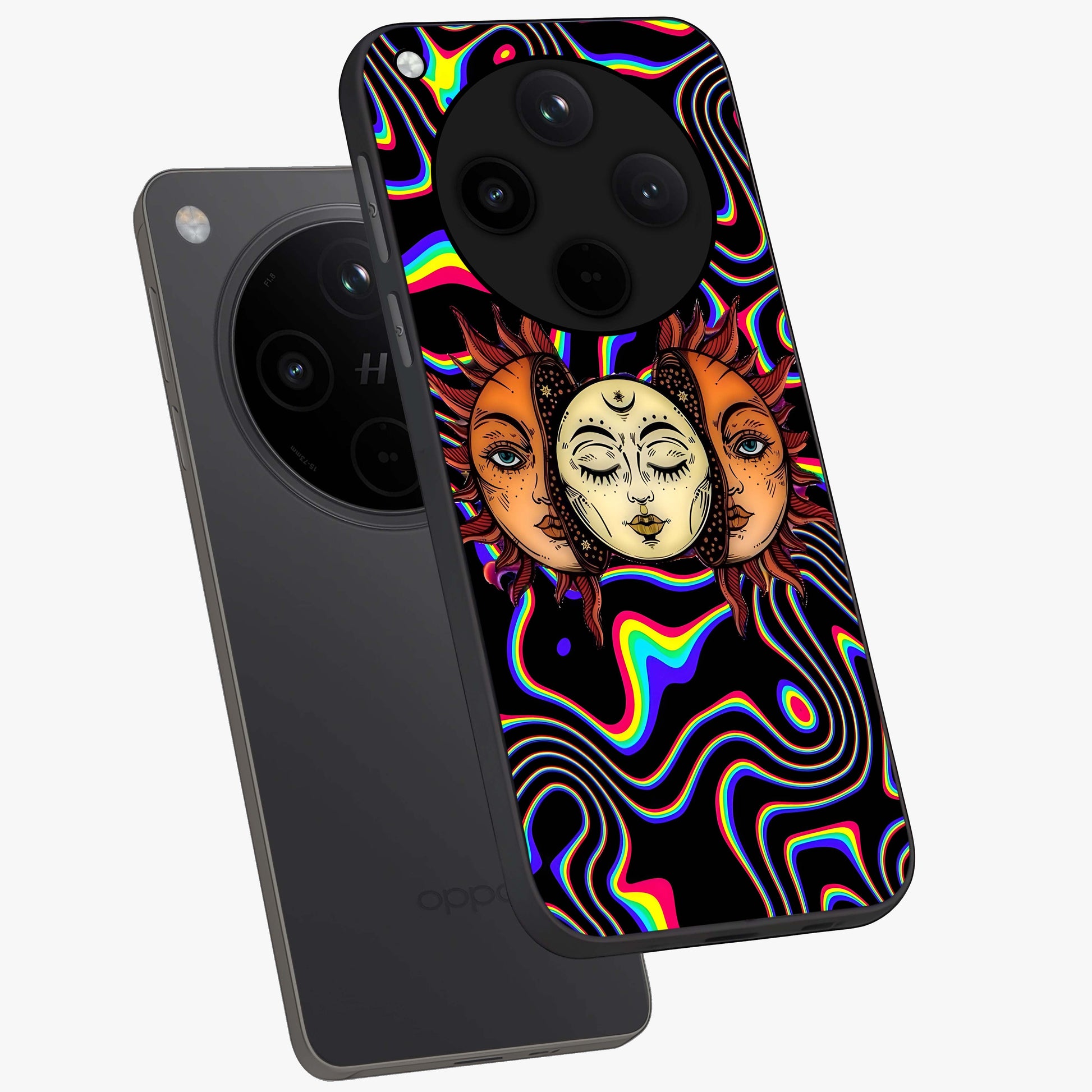 Psychedelic Sun Glass Case displayed in angled mockup highlighting vibrant abstract sun design with artistic aesthetic style.