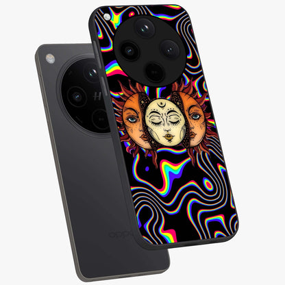 Psychedelic Sun Glass Case displayed in angled mockup highlighting vibrant abstract sun design with artistic aesthetic style.