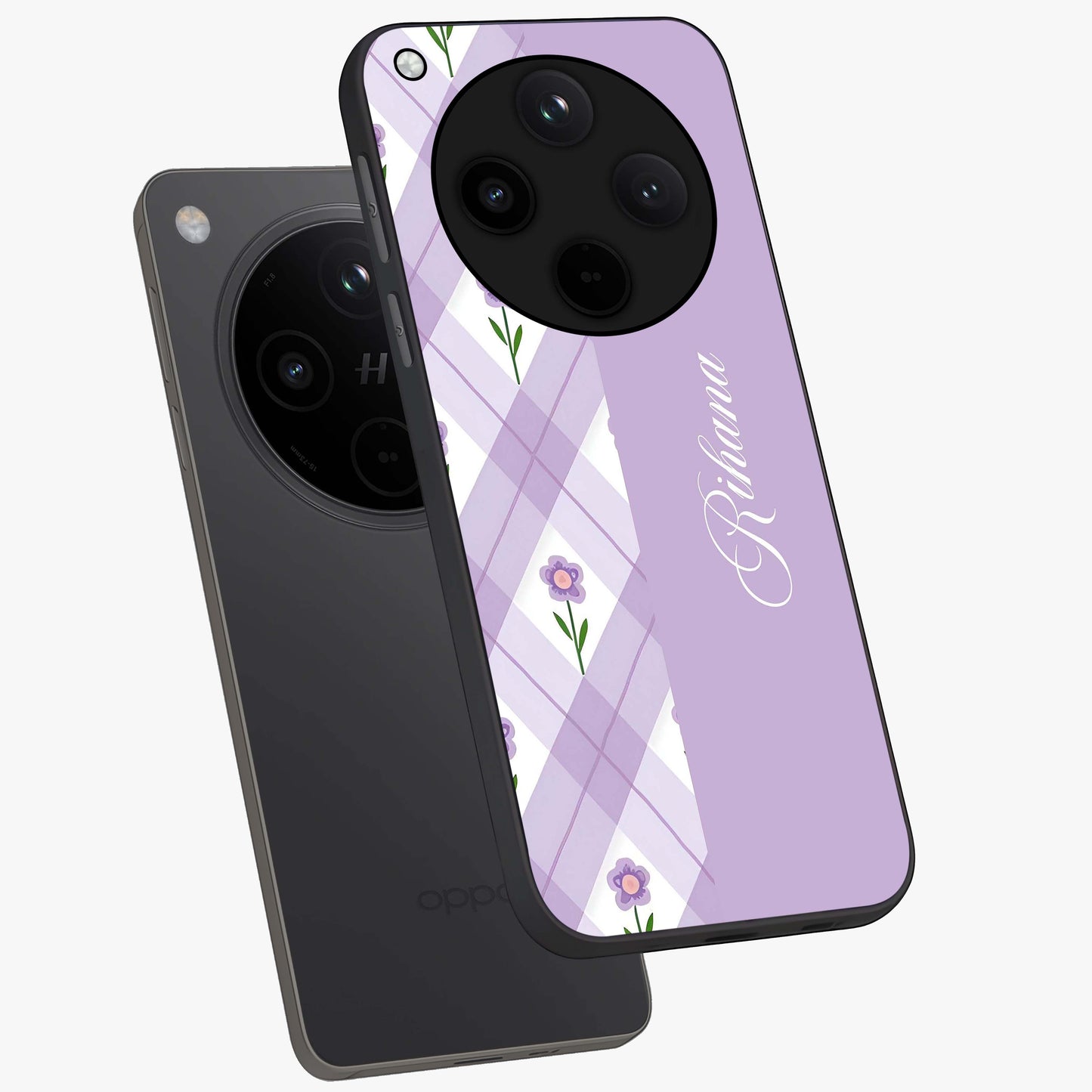 Purple Diamond Floral Glass Case displayed in angled mockup highlighting elegant purple flower design with decorative pattern.