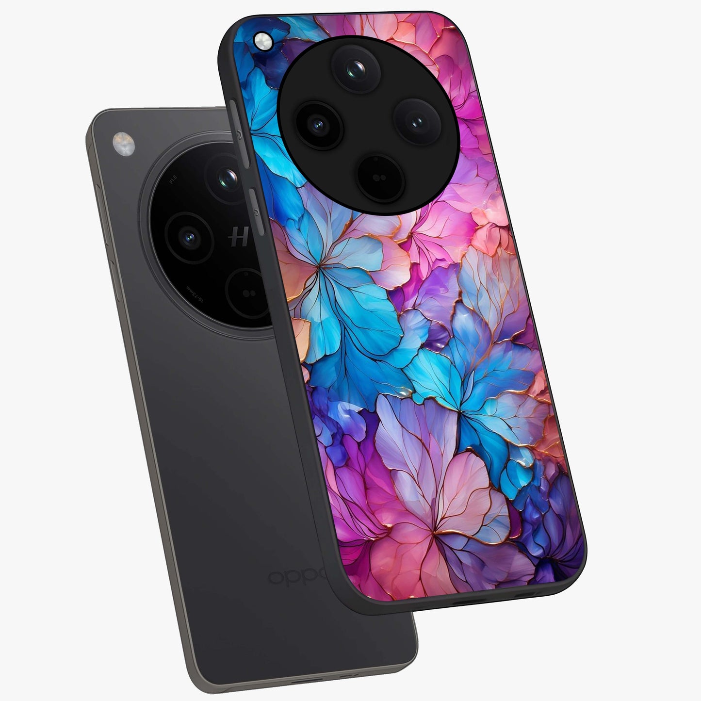 Radiant Floral Whirl Glass Case displayed in angled mockup highlighting vibrant flower pattern with dynamic artistic aesthetic.