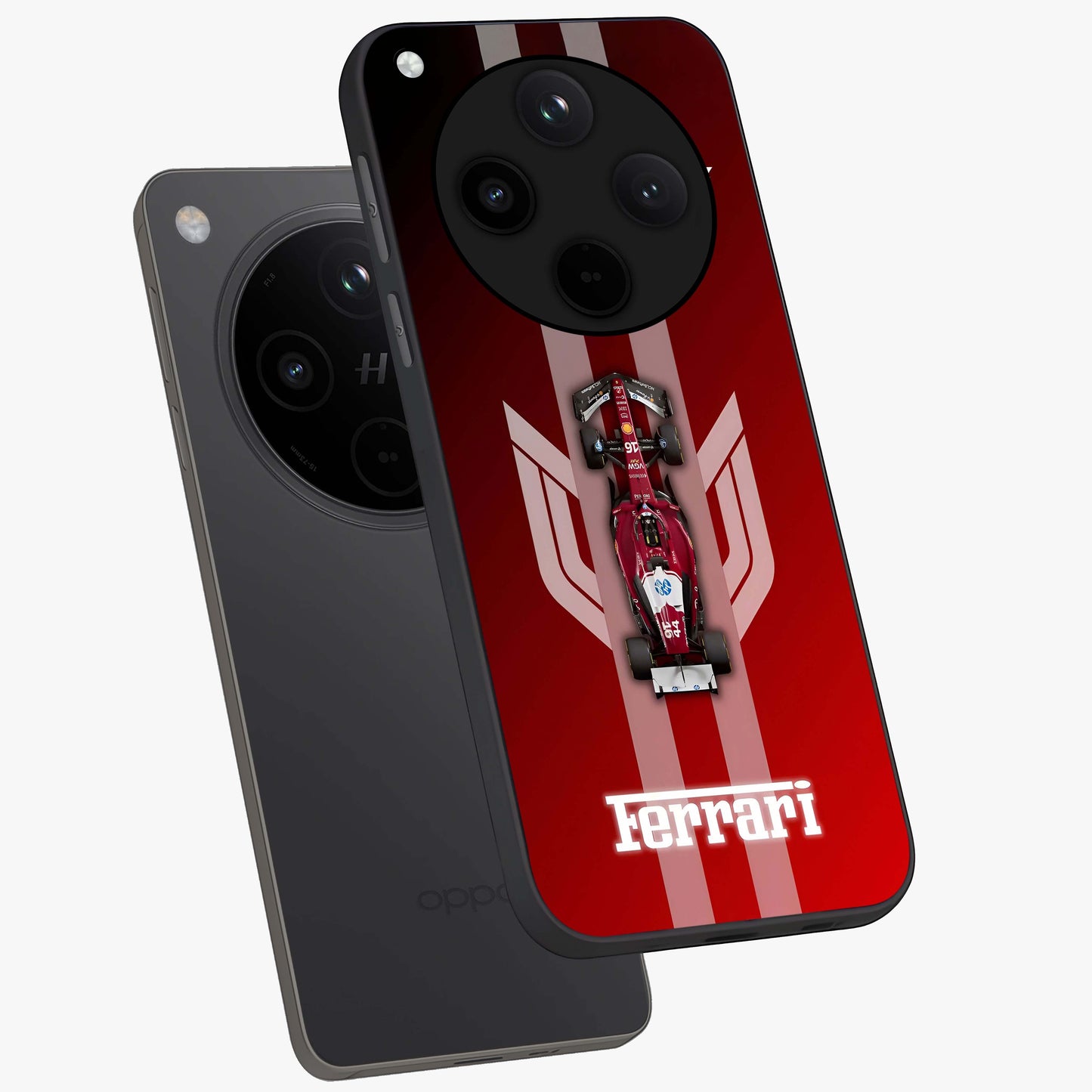 Red Ferrari F1 Vertical Glass Case displayed in angled mockup highlighting high speed racing design with bold automotive aesthetic.