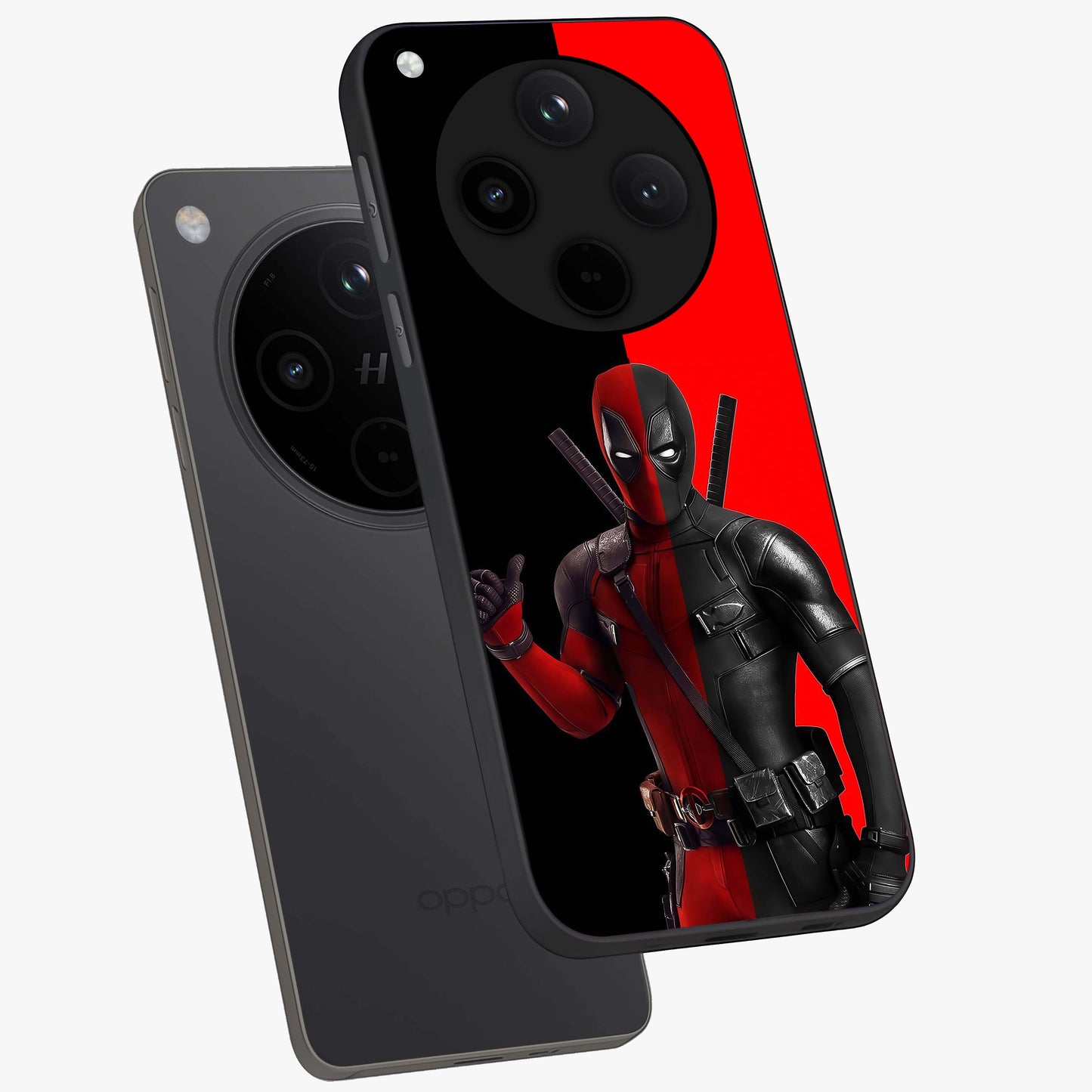 Red & Black Deadpool Theme Glass Case displayed in angled mockup highlighting vibrant superhero style illustration with action aesthetic.