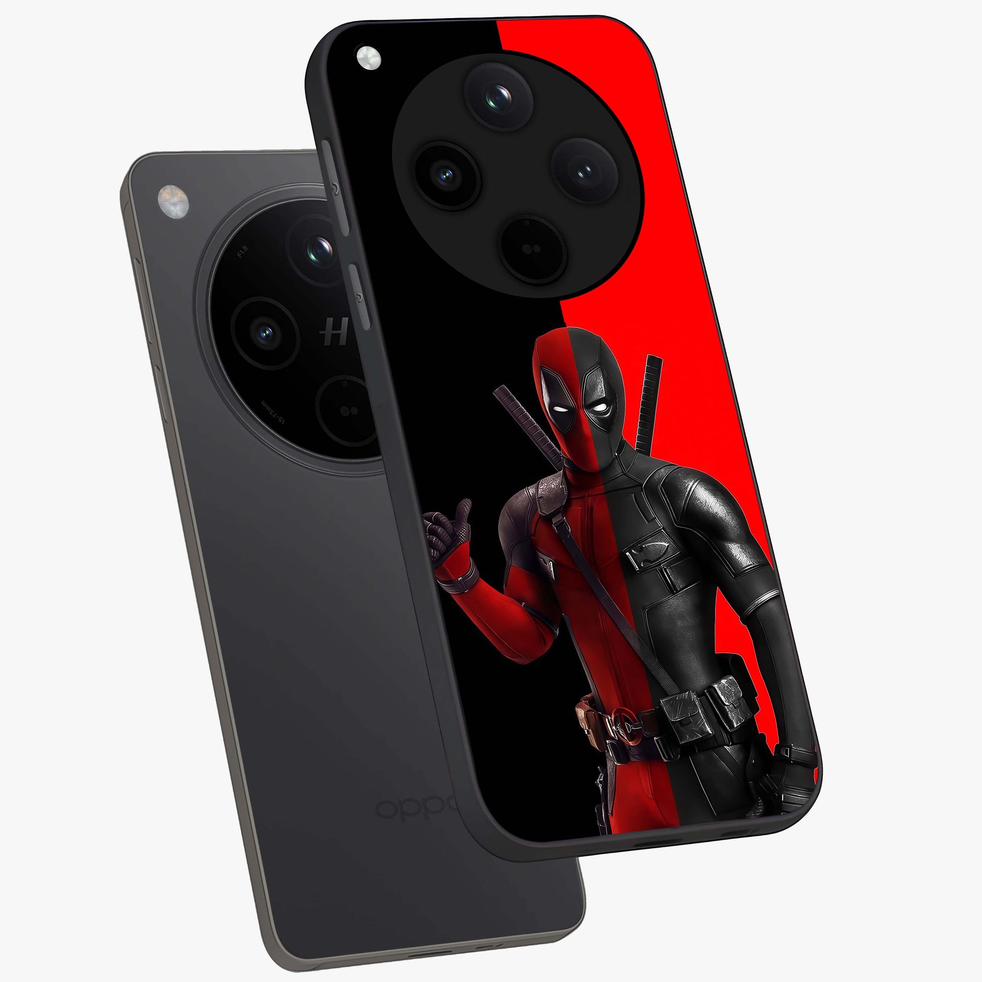 Red & Black Deadpool Theme Glass Case displayed in angled mockup highlighting vibrant superhero style illustration with action aesthetic.