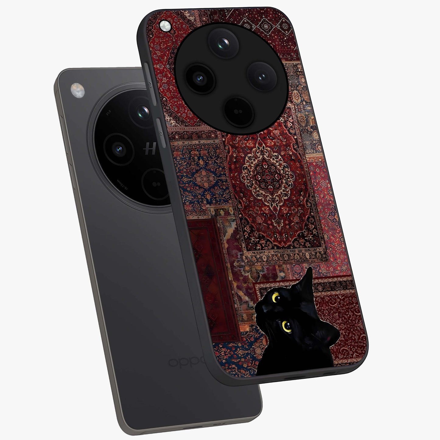Regal Magic Cat Apple Glass Case displayed in angled mockup highlighting whimsical feline design with fantasy aesthetic.